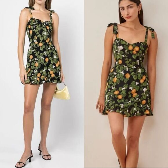 Reformation Christine Mini Black Clementine Print Dress Size 4 - Picture 1 of 12